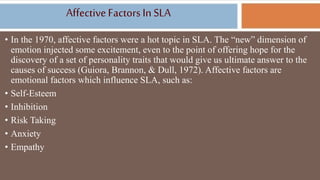 AffectiveFactorsIn SLA
• In the 1970, affective factors were a hot topic in SLA. The “new” dimension of
emotion injected some excitement, even to the point of offering hope for the
discovery of a set of personality traits that would give us ultimate answer to the
causes of success (Guiora, Brannon, & Dull, 1972). Affective factors are
emotional factors which influence SLA, such as:
• Self-Esteem
• Inhibition
• Risk Taking
• Anxiety
• Empathy
 