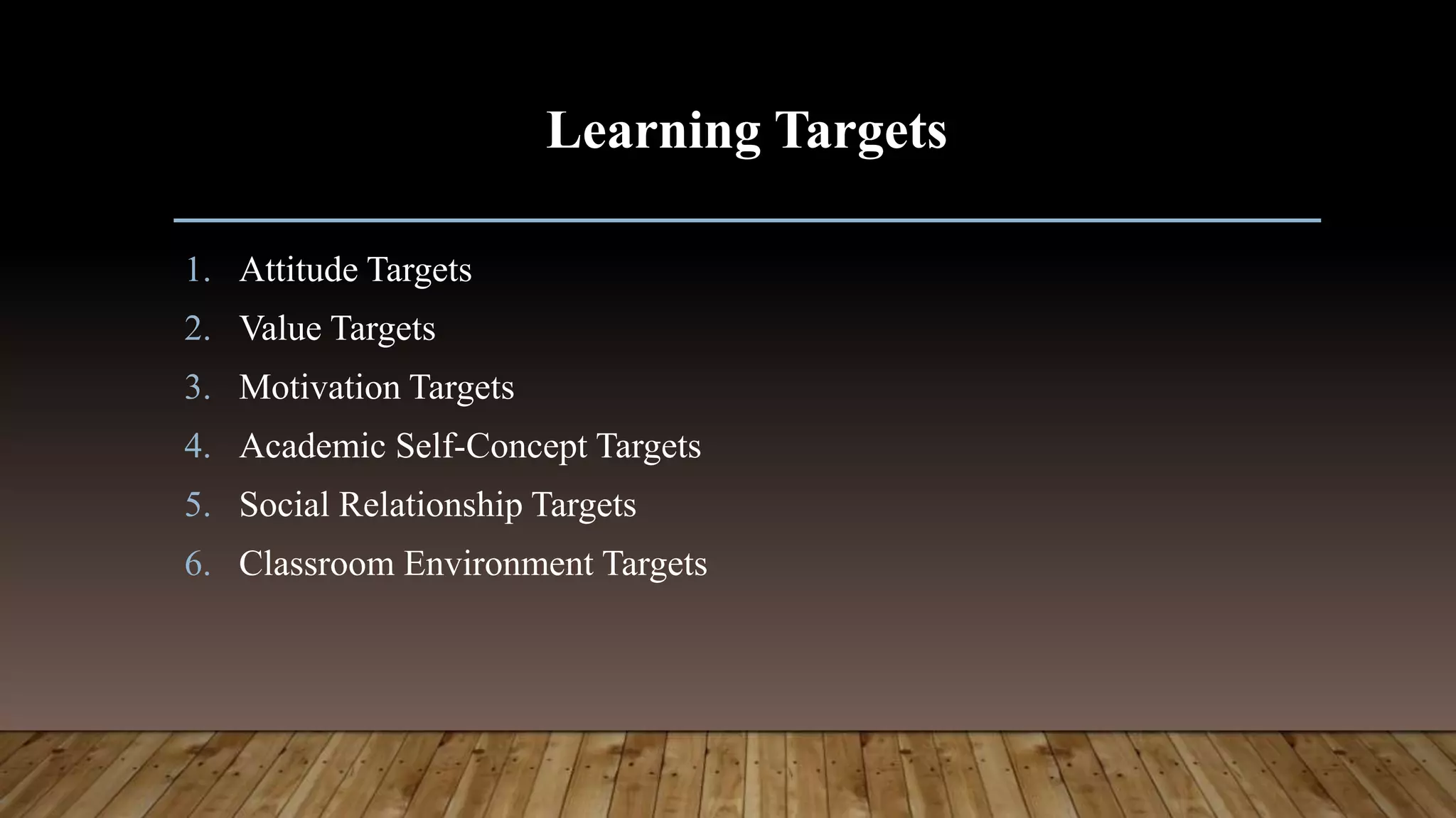 Learning Targets
1. Attitude Targets
2. Value Targets
3. Motivation Targets
4. Academic Self-Concept Targets
5. Social Relationship Targets
6. Classroom Environment Targets
 