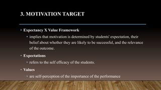 3. MOTIVATION TARGET
• Expectancy X Value Framework
• implies that motivation is determined by students' expectation, their
belief about whether they are likely to be successful, and the relevance
of the outcome.
• Expectations
• refers to the self efficacy of the students.
• Values
• are self-perception of the importance of the performance
 