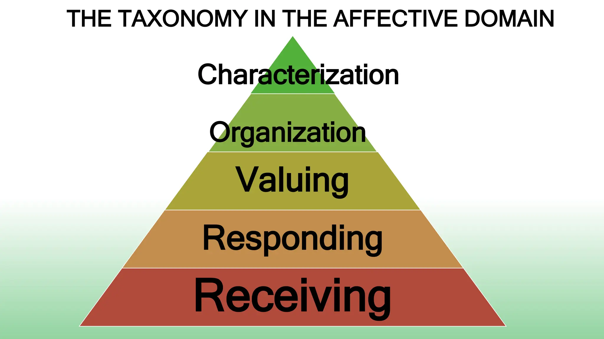 THE TAXONOMY IN THE AFFECTIVE DOMAIN
Valuing
Responding
Receiving
Organization
Characterization
 