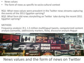 •  News	
  values	
  
•  The	
  form	
  of	
  news	
  as	
  speciﬁc	
  to	
  socio-­‐cultural	
  context	
  
	
  
RQ1:	
  What	
  news	
  values	
  were	
  prevalent	
  in	
  the	
  TwiIer	
  news	
  streams	
  capturing	
  
the	
  events	
  of	
  the	
  2011	
  Egyp&an	
  uprising?	
  
RQ2:	
  What	
  form	
  did	
  news	
  storytelling	
  on	
  TwiIer	
  	
  take	
  during	
  the	
  recent	
  2011	
  
Egyp&an	
  uprising?	
  
	
  
METHOD:	
  	
  
Frequency	
  analysis	
  (	
  R	
  ),	
  1.5	
  million	
  mul&lingual	
  tweets,	
  computerized	
  content	
  
analysis	
  (seman&c,	
  addressivity	
  markers,	
  ﬂow),	
  discourse	
  analysis	
  #egypt	
  




  News	
  values	
  and	
  the	
  form	
  of	
  news	
  on	
  TwiIer	
  
 