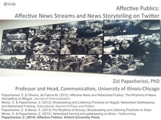  
Aﬀec&ve	
  Publics:	
  	
  
Aﬀec&ve	
  News	
  Streams	
  and	
  News	
  Storytelling	
  on	
  Twi<er	
  
Zizi	
  Papacharissi,	
  PhD	
  
Professor	
  and	
  Head,	
  Communica&on,	
  University	
  of	
  Illinois-­‐Chicago	
  
@zizip	
  
	
  
Papacharissi, Z. & Oliveira, de Fatima M. (2012). Affective News and Networked Publics: The Rhythms of News
Storytelling on #Egypt. Journal of Communication.
Meraz, S. & Papacharissi, Z. (2013). Broadcasting and Listening Practices on #egypt: Networked Gatekeeping
and Networked Framing. International Journal of Press and Politics
Papacharissi, Z. & Meraz, S. (2013).The Rhythms of Occupy: Broadcasting and Listening Practices on #ows
Meraz, S. & Papacharissi, Z. (2012). Networked framing and gatekeeping on #ows – forthcoming
Papacharissi, Z. (2014). Affective Publics. Oxford University Press.
 