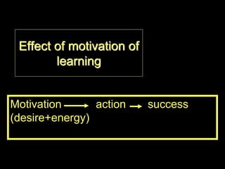 Effect of motivation of
        learning


Motivation      action     success
(desire+energy)
 