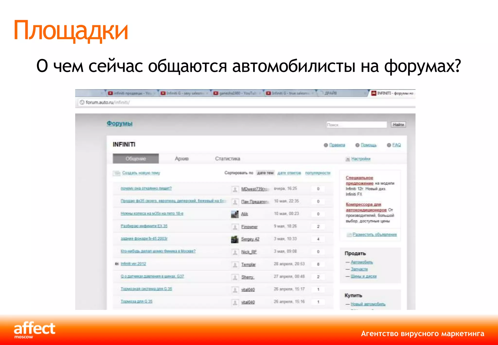Площадки
 О чем сейчас общаются автомобилисты на форумах?




                                    Агентство вирусного маркетинга
 