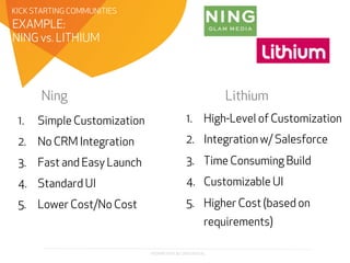 PROPRIETARY & CONFIDENTIAL
EXAMPLE:
NING vs. LITHIUM
KICK STARTING COMMUNITIES
1.  Simple Customization
2.  No CRM Integration
3.  Fast and Easy Launch
4.  Standard UI
5.  Lower Cost/No Cost
1.  High-Level of Customization
2.  Integration w/ Salesforce
3.  Time Consuming Build
4.  Customizable UI
5.  Higher Cost (based on
requirements)
Ning Lithium
 