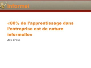 Informel
«80% de l’apprentissage dans
l’entreprise est de nature
informelle»
Jay Cross
 