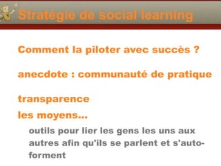 Stratégie de social learning
Comment la piloter avec succès ?
anecdote : communauté de pratique
transparence
les moyens… 
outils pour lier les gens les uns aux
autres afin qu'ils se parlent et s'auto-
forment
 