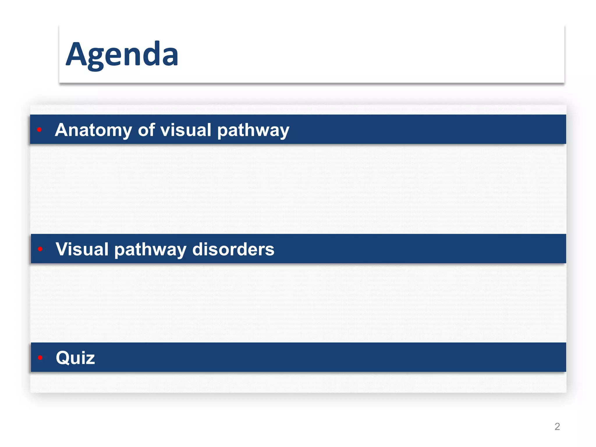 Agenda
2
• Anatomy of visual pathway
• Visual pathway disorders
• Quiz
 