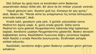 Ebû Süfyan bu gözü kara ve kendinden emin Bedeviye
cesaretinden dolayı iltifat etti. Bir deve ile bir miktar yiyecek vererek:
“Haydi göreyim seni. Niyetini gizli tut. Kimseye bir şey açma,”
dedi. Bedevi de: “Merak etme bu anlaşmamızı hiç kimse bilmeyecek,
aramızda kalacak”, dedi.
Kiralık katil, geceleyin yola çıktı. 5 günlük yolculuktan sonra
Medine’nin dışına ulaştı. 6. günü orada geçirdi. Daha sonra
Medine’nin içine gelerek Peygamberimiz hakkında bilgi toplamaya
başladı. Kendisine uzaktan Peygamberimiz gösterildi. Bedevi devesini
bağladıktan sonra, Rasûlüllahın huzuruna doğru yürümeye başladı.
Allah Rasûlü o sırada Mescitte bulunuyordu. Etrafındaki ashapla
sohbet ediyordu.
Rasûlüllah, kendisine doğru gelen Bedeviyi uzaktan görür görmez
ashabına:

 