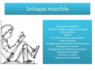 Sviluppo maschile
•Comparsa dell’ACNE
•Peluria al labbro superiore e basette
•Peli ascellari
•Barba
•Le corde vocali si inspessiscono
•Voce più grave
•Maggiorazione dei peli a livello genitale
•Sviluppo dei muscoli
•Maggiorazione del grasso corporeo
•Allargamento spalle
•Crescita in altezza
•Ingrossamento genitali
 