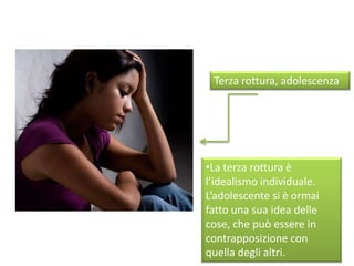 Terza rottura, adolescenza
•La terza rottura è
l’idealismo individuale.
L’adolescente si è ormai
fatto una sua idea delle
cose, che può essere in
contrapposizione con
quella degli altri.
 