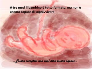 A tre mesi il bambino è tutto formato, ma non è
ancora capace di sopravvivere
…Essere completi non vuol dire essere capaci…
 
