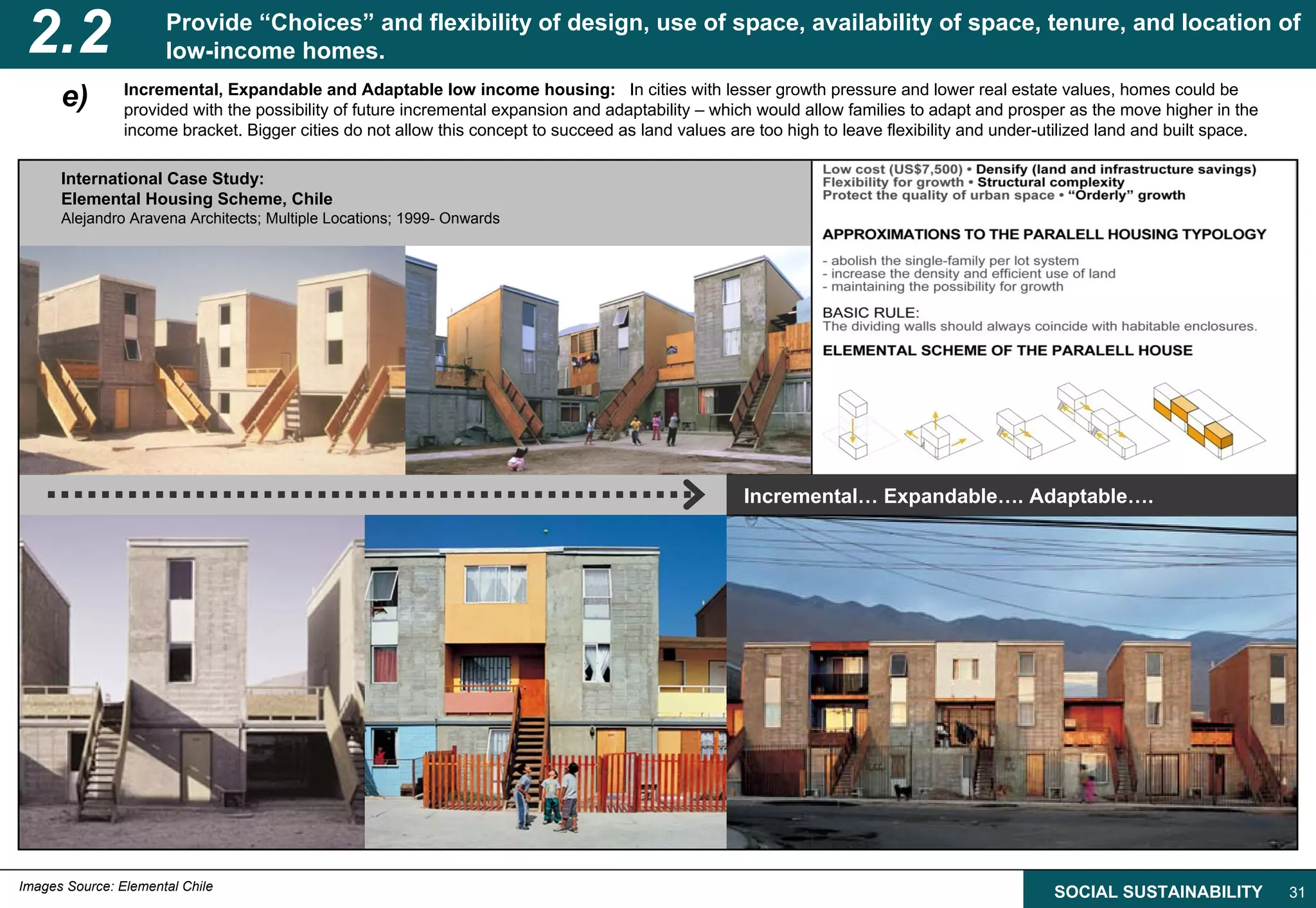 2.2                  Provide “Choices” and flexibility of design, use of space, availability of space, tenure, and location of
                      low-income homes.

      e)        Incremental, Expandable and Adaptable low income housing: In cities with lesser growth pressure and lower real estate values, homes could be
                provided with the possibility of future incremental expansion and adaptability – which would allow families to adapt and prosper as the move higher in the
                income bracket. Bigger cities do not allow this concept to succeed as land values are too high to leave flexibility and under-utilized land and built space.

      International Case Study:
      Elemental Housing Scheme, Chile
      Alejandro Aravena Architects; Multiple Locations; 1999- Onwards




                                                                                                     Incremental… Expandable…. Adaptable….




Images Source: Elemental Chile                                                                                                                 SOCIAL SUSTAINABILITY           31
 