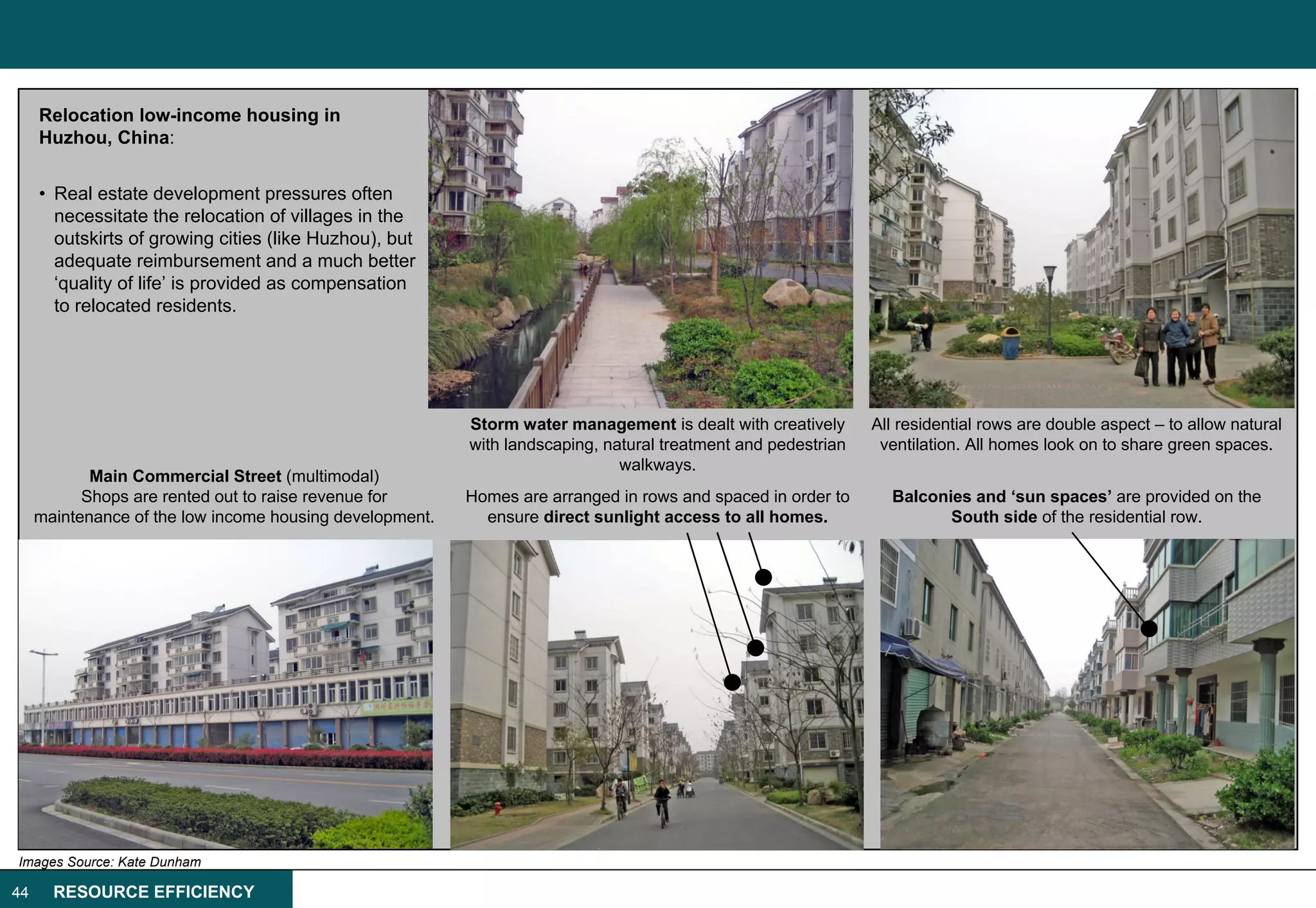 Relocation low-income housing in
     Huzhou, China:


     • Real estate development pressures often
       necessitate the relocation of villages in the
       outskirts of growing cities (like Huzhou), but
       adequate reimbursement and a much better
       ‘quality of life’ is provided as compensation
       to relocated residents.




                                                          Storm water management is dealt with creatively      All residential rows are double aspect – to allow natural
                                                          with landscaping, natural treatment and pedestrian    ventilation. All homes look on to share green spaces.
                                                                              walkways.
            Main Commercial Street (multimodal)
           Shops are rented out to raise revenue for      Homes are arranged in rows and spaced in order to      Balconies and ‘sun spaces’ are provided on the
     maintenance of the low income housing development.     ensure direct sunlight access to all homes.                 South side of the residential row.




Images Source: Kate Dunham

44     RESOURCE EFFICIENCY
 