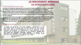 consiste en l’étude des systèmes dont on essaie de mettre en place la structure, c’est-à-dire
les relations existant entre les éléments (la structure est incluse dans un système).
Structuralisme comme un mouvement dans l'architecture et l'urbanisme évolué vers le
milieu du 20e siècle. Il était une réaction au CIAM-fonctionnalisme (rationalisme) qui avait
conduit à une expression sans vie de l'urbanisme qui ignorait l'identité des habitants et des
formes urbaines.
Le structuralisme tire son origine du Cours de linguistique générale (1916) de Ferdinand de
SAUSSURE qui envisage d’étudier la langue comme un système dans lequel chacun des
éléments n’est définissable que par les relations d’équivalence ou d’opposition qu’il
entretient avec les autres. Cet ensemble de relations forment la structure.
1-L’ORIGINE DU MOT :
LE MOUVEMENT MODERNE
LE STRUCTURALISME
LE STRUCTURALISME nuisance et origine
 