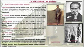 1. LES FONDATEURSDUMOUVEMENTMODERNE:
WalterGropius :(Berlin, 18 mai 1883 - Boston, 5 juillet 1969) est un architecte, designer
et urbaniste allemand, plus tard naturalisé américain. Il est le fondateur du Bauhaus,
mouvement clé de l'art européen de l'entre-deux-guerres et porteur des bases du style
international
ADOLFLOOS: né les 10 décembres 1870 à Brünn et mort les 23 aoûts 1933 à Vienne,
est un architecte autrichien, défenseur du dépouillement intégral dans l’architecture
moderne.
AUGUSTEPERRET: né à Ixelles (Belgique) les 12 févriers 1874 et mort à Paris les 25
févriers 1954, est un des premiers techniciens spécialistes du béton armé et un
architecte français.
LUDWIGMIESVAN DERROHE: né le 27 mars 1886 à Aix-la-Chapelle et mort les 17
aoûts 1969 à Chicago, n’est un architecte allemand.
OSCARNIEMEYER: Oscar Ribeiro d’Almeida de Niemeyer Soares (né le 15 décembre
19071 à Rio de Janeiro, où il est mort le 5 décembre 2012) est un architecte et un
designer brésilien.
LE CORBUSIER: Charles-Édouard Jeanneret-Gris, né le 6 octobre 1887 à La Chaux-de-
Fonds, dans le canton de Neuchâtel, en Suisse, et mort le27 août 1965 à Roquebrune-
Cap-Martin, plus connu sous le pseudonyme de « Le Corbusier », est un architecte,
urbaniste, décorateur, peintre, sculpteur et homme de lettres, suisse de naissance et
naturalisé français en 1930
LE MOUVEMENT MODERNE
W a l t e r G r o p i u s
LUDWIGMIESVAN DERROHE
LE CORBUSIER
AUGUSTEPERRET
 