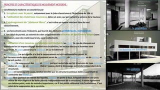 PRINCIPESET CARACTÉRISTIQUESDE MOUVEMENTMODERNE:
L’architecture moderne se caractérise par
1. la rupture avec le passé, notamment avec le (néo-classicisme et l’éclectisme du 19è s).
2. l'utilisation des matériaux nouveaux, béton et acier, qui permettent la victoire de la hauteur.
3. l'aménagement de "plateaux libres", c'est-à-dire un espace intérieur libre de tout
cloisonnement.
4. ses liens étroits avec l'industrie, qui fournit des éléments préfabriqués, standardisés
5. son idéal de pureté, sa volonté de créer uniquement des volumes et des formes simple( sans
décoration, avec des matériaux bruts, sans revêtement).
6. l'utilisation d'un nouveau vocabulaire architectural. les pilotis (le rez-de-chaussée est
transformé en un espace dégagé destiné aux circulations, les locaux obscurs et humides sont
supprimés, le jardin passe sous le bâtiment et sur le bâtiment
le toit-terrasse (ce qui signifie à la fois le renoncement au toit traditionnel en pente, le
toit-terrasse rendu ainsi accessible et pouvant servir de solarium, de terrain de sport ou de piscine, et
le toit-jardin) ;
le plan libre (la suppression des murs et refends porteurs autorisée par les structures de type poteaux-
dalles en acier ou en béton armé libère l'espace, dont le découpage est rendu indépendant de la
structure) ;
la fenêtre en bandeau (elle aussi, rendue possible par les structures poteaux-dalles supprimant la
contrainte des linteaux) ;
la façade libre (poteaux en retrait des façades, planché en porte-à-faux, la façade devient une peau
mince de murs légers et de baies placées indépendamment de la structure). Il existe également
un sixième point, mais de moindre importance, car il fait plutôt référence à de l'esthétisme. C'est
celui de la suppression de la corniche.
les pilotis
le plan libre
la fenêtre en bandeau
 