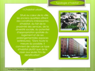 Typologie d’habitat
1-L'habitat urbain
Situé au cœur de la ville,
les anciens quartiers offrent
des conditions intéressantes
d'habitat, du fait de la
proximité des services, de la
diversité sociale, du potentiel
d'appropriation spatiale du
logement et de ses
prolongements(les espaces
extérieures). "Dans toute la
mesure du possible, il
convient de valoriser ce type
d'habitat plutôt que de le
raser aux seules fins de
densification".
Fichier P.D.F "Habitat et construction"
 