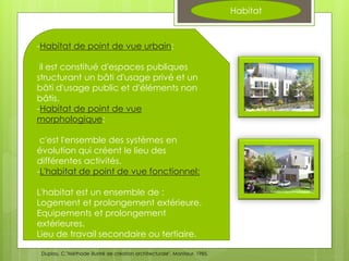 -Habitat de point de vue urbain:
il est constitué d'espaces publiques
structurant un bâti d'usage privé et un
bâti d'usage public et d'éléments non
bâtis.
-Habitat de point de vue
morphologique:
c'est l'ensemble des systèmes en
évolution qui créent le lieu des
différentes activités.
-L'habitat de point de vue fonctionnel:
L'habitat est un ensemble de :
Logement et prolongement extérieure.
Equipements et prolongement
extérieures.
Lieu de travail secondaire ou tertiaire.
Habitat
Duplay, C."Méthode illustré de création architecturale". Moniteur, 1985.
 