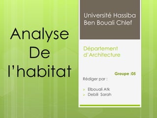 Département
d’Architecture
Rédiger par :
 Elbouali Atk
 Debili Sarah
Analyse
De
l’habitat
Université Hassiba
Ben Bouali Chlef
Groupe :05
 