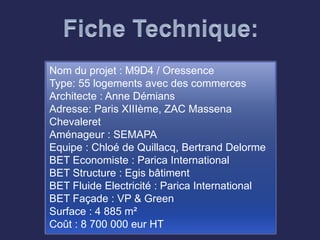 Nom du projet : M9D4 / Oressence
Type: 55 logements avec des commerces
Architecte : Anne Démians
Adresse: Paris XIIIème, ZAC Massena
Chevaleret
Aménageur : SEMAPA
Equipe : Chloé de Quillacq, Bertrand Delorme
BET Economiste : Parica International
BET Structure : Egis bâtiment
BET Fluide Electricité : Parica International
BET Façade : VP & Green
Surface : 4 885 m²
Coût : 8 700 000 eur HT
 