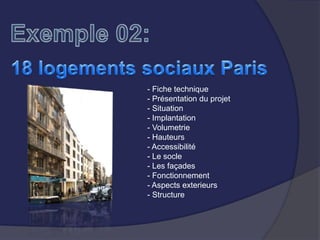 - Fiche technique
- Présentation du projet
- Situation
- Implantation
- Volumetrie
- Hauteurs
- Accessibilité
- Le socle
- Les façades
- Fonctionnement
- Aspects exterieurs
- Structure
 