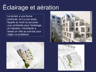 Éclairage et aération
Le terrain a une forme
profonde, et il a une seule
façade au nord ce qui pose
une contrainte pour l’éclairage
et l’aération, l’architecte a
laissé un vide au sud-est pour
régler ce problème.
 