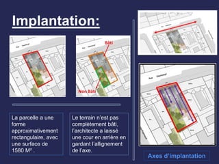 Implantation:
Axes d’implantation
La parcelle a une
forme
approximativement
rectangulaire, avec
une surface de
1580 M² .
Le terrain n’est pas
complètement bâti,
l’architecte a laissé
une cour en arrière en
gardant l’allignement
de l’axe.
 