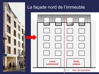 La façade nord de l’immeuble
Local
commercial
Porte
urbaine
Axe de symétrie
 