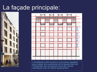 La façade principale:
L’architecte a fait recours à une trame régulière
pour placer les ouvertures de la façade nord de
l’immeuble, les ouvertures sont des carrés
identiques avec le même espacement.
 