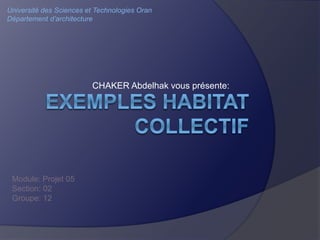 CHAKER Abdelhak vous présente:
Université des Sciences et Technologies Oran
Département d’architecture
Module: Projet 05
Section: 02
Groupe: 12
 