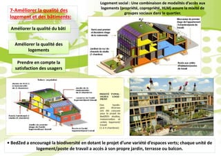 Améliorer la qualité du bâti
Améliorer la qualité des
logements
Prendre en compte la
satisfaction des usagers
7-Améliorer la qualité des
logement et des bâtiments:
• BedZed a encouragé la biodiversité en dotant le projet d’une variété d’espaces verts; chaque unité de
logement/poste de travail a accès à son propre jardin, terrasse ou balcon.
Logement social : Une combinaison de modalités d’accès aux
logements (propriété, copropriété, HLM) assure la mixité de
groupes sociaux dans le quartier.
 
