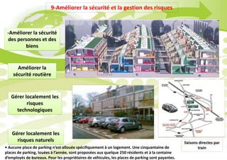9-Améliorer la sécurité et la gestion des risques
-Améliorer la sécurité
des personnes et des
biens
Améliorer la
sécurité routière
Gérer localement les
risques
technologiques
Gérer localement les
risques naturels
• Aucune place de parking n’est allouée spécifiquement à un logement. Une cinquantaine de
places de parking, louées à l’année, sont proposées aux quelque 250 résidents et à la centaine
d’employés de bureaux. Pour les propriétaires de véhicules, les places de parking sont payantes.
liaisons directes par
train
 