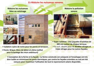 11-Réduire les nuisances sonores
Réduire les nuisances
liées au voisinage
Réduire la pollution
sonore
• Super isolation : Une jaquette d’isolation de
300 mm autour de chaque terrasse.
• Au sud ; double peau de doubles vitrages et
triple vitrages pour les autres façades.
• Isolation: Laine de roche pour les parois et terrasses.
• Parois: Brique, blocs de béton et chêne (utilisé
pour le bardage des murs extérieurs)
• Conception de la forme et la façade : La forme construite est compacte et l’enveloppe est très
bien isolée en minimisant les ponts thermiques, par contre les façades orientées au sud ont été
conçues pour maximiser l’utilisation de tout le rayonnement solaire disponible.
 