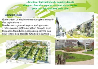 Exemple: Semaad
- Améliorer l'attractivité du quartier dans la
ville en créant des espaces de vie et de rencontre
pour tous les habitants de la ville
Et en créant un environnement propre à contenir
des espaces verts
Une bonne organisation pour les logements
- petits couloirs piétonniers Bien équipée avec
toutes les fournitures nécessaires comme des
lieux jettent des déchets ;Chaises ;éclairage ..
 