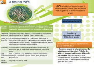 Un Projet
Européen
Le projet HQE²R est un projet de Recherche et de Démonstration
cofinancé par la Commission Européenne dans le 5ème Programme Cadre
de Recherche et Développement « Ville de demain et héritage culturel
».
Créateur de
la démarche
Philippe Outrequin et Catherine Charlot-Valdieu (France) avec E.
Antonini (Italie), Y. de Jager (NL) et J-O Hansen (DK)
Porteur de la
démarche
la Commission Européenne, le CSTB (comité scientifique et
technique du bâtiment),SUDEN (association européenne pour le
développement urbain durable), l’Association européenne pour un
développement durable urbain « HQE2R »
Partenaires 10 organismes ou centres de recherche et collaborateurs de
terrain tels que les collectivités, bailleurs sociaux, services de
l’Etat…
Lieux
d’expériment
ation
dans 14 villes de 7 pays membres de l’Union Européenne :
Allemagne, Danemark, Espagne, France, Italie, Pays-Bas et
Royaume-Uni
Date de
réalisation
de juillet 2001 à mars 2004
La démarche HQE²R
- HQE²R ,une démarche pour intégrer le
développement durable dans les projets
d'aménagement et de renouvellement
urbain
But de la démarche HQE²R
introduire le
développement durable
à l’échelle du quartier
Cette démarche tente de répondre à une
grande problématique
• Comment assurer la prise en compte du
développement durable à l’échelle des
villes et plus particulièrement à l’échelle
du quartier, dans les opérations de
renouvellement urbain et d’aménagement
afin d’assurer la meilleure qualité de vie
possible pour tous?
 