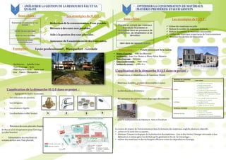  Réduction de la consommation d'eau potable .
 Recours à des eaux non potables .
 Aide à la gestion des eaux pluviales .
 Assurance de l'assainissement des eaux usées.
 Utiliser des matériaux recyclés
 Réduire le nombre de matériaux distincts,
 Réduire la quantité de matériaux nécessaires,
 Utiliser des matériaux respectueux de l'environnement
 Réutiliser les déchets de fabrication
Lycée professionnel , Blanquefort - Gironde
 - Equipements hydro-économes:
•Architectes : Isabelle Colas
•Type d’ouvrage : lycée
•Date d'achèvement : mars 2006
Lieu : France - Blanquefort
L’application de la démarche H.Q.E dans ce projet :
 - Rétention des eaux pluviales (bassin
de 800 m 2) et récupération pour l’arrosage
(2/3 des besoins)
 l’alimentation des machines de
certains ateliers avec l’eau pluviale.
L’application de la démarche H.Q.E dans ce projet :
1. Les réducteurs de pression,
2. Les mitigeurs,
3. Les aérateurs régulés
4. Les douchettes à effet Venturi. 1 2 3 4
Polade ministratif de la mairie
• Maître d’ouvrage : Ville des Mureaux
• Architectes : Jean-Luc Hester et Marie-Sylvie Baratier
• Type d’ouvrage : bureaux
• Date d'achèvement : mars 2005
• Surface du terrain : 4 660 m 2
• Conservation et réhabilitation de l’ancienne Mairie
• Matériaux durables, produits démontables (vissés),
• facilité d'accès et d’entretien.
• Récupération des pierres issues d’ouvrages déconstruits
• pour le soubassement du bâtiment. Sols en linoléum
La notion de respect de l’environnement dans le domaine des matériaux englobe plusieurs objectifs :
• préserver la santé des occupants ;
• diminuer l'impact écologique de la production des matériaux, c'est-à-dire limiter l'énergie nécessaire à leur
fabrication et mieux gérer les déchets qu'ils génèrent en fin de vie (recyclage) ;
• utiliser des matériaux et des techniques efficaces contre les déperditions d'énergie.
3
• . OPTIMISER LA CONSOMMATION DE MATÉRIAUX
(MATIÈRES PREMIÈRES) ET LEUR GESTION2
• AMÉLIORER LA GESTION DE LA RESSOURCE EAU ET SA
QUALITÉ
 
