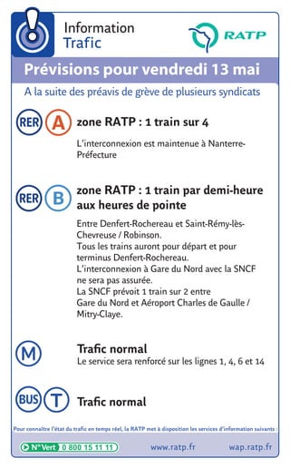 Prévisions pour vendredi 13 mai
    A la suite des préavis de grève de plusieurs syndicats

                          zone RATP : 1 train sur 4
                          L’interconnexion est maintenue à Nanterre-
                          Préfecture


                          zone RATP : 1 train par demi-heure
                          aux heures de pointe
                          Entre Denfert-Rochereau et Saint-Rémy-lès-
                          Chevreuse / Robinson.
                          Tous les trains auront pour départ et pour
                          terminus Denfert-Rochereau.
                          L’interconnexion à Gare du Nord avec la SNCF
                          ne sera pas assurée.
                          La SNCF prévoit 1 train sur 2 entre
                          Gare du Nord et Aéroport Charles de Gaulle /
                          Mitry-Claye.


                          Traﬁc normal
                          Le service sera renforcé sur les lignes 1, 4, 6 et 14



                          Traﬁc normal

Pour connaître l’état du trafic en temps réel, la RATP met à disposition les services d’information suivants :
 