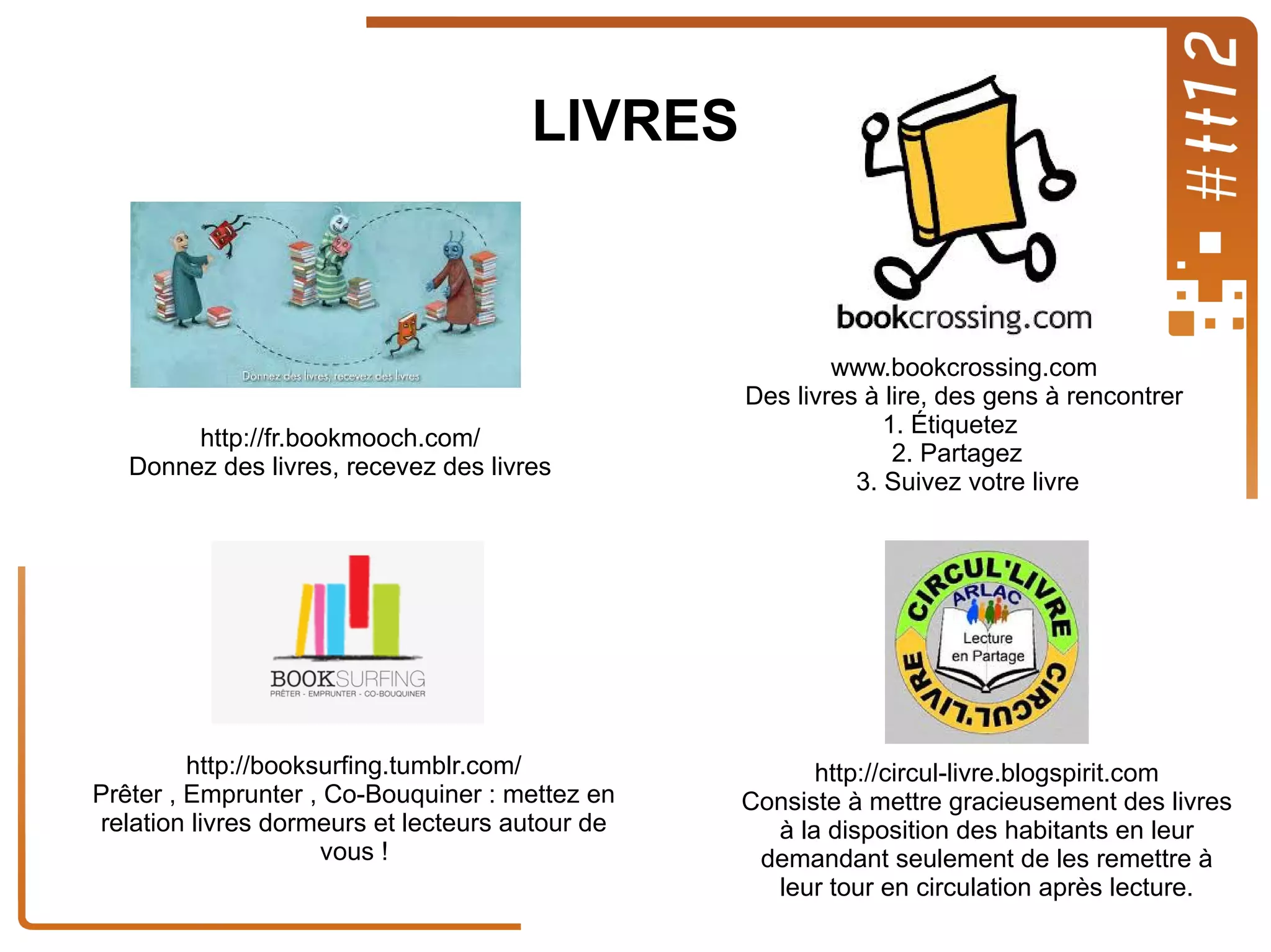 LIVRES

http://fr.bookmooch.com/
Donnez des livres, recevez des livres

http://booksurfing.tumblr.com/
Prêter , Emprunter , Co-Bouquiner : mettez en
relation livres dormeurs et lecteurs autour de
vous !

www.bookcrossing.com
Des livres à lire, des gens à rencontrer
1. Étiquetez
2. Partagez
3. Suivez votre livre

http://circul-livre.blogspirit.com
Consiste à mettre gracieusement des livres
à la disposition des habitants en leur
demandant seulement de les remettre à
leur tour en circulation après lecture.

 