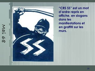 20
Mai68
“CRS SS” est un mot
d’ordre repris en
affiche, en slogans
dans les
manifestations et
en graffiti sur les
murs.
 
