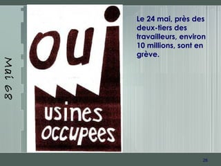 26
Mai68
Le 24 mai, près des
deux-tiers des
travailleurs, environ
10 millions, sont en
grève.
 