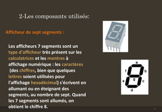 2-Les composants utilisés:
Afficheur de sept segments :
Les afficheurs 7 segments sont un
type d'afficheur très présent sur les
calculatrices et les montres à
affichage numérique : les caractères
(des chiffres, bien que quelques
lettres soient utilisées pour
l'affichage hexadécimal) s'écrivent en
allumant ou en éteignant des
segments, au nombre de sept. Quand
les 7 segments sont allumés, on
obtient le chiffre 8. 6
 