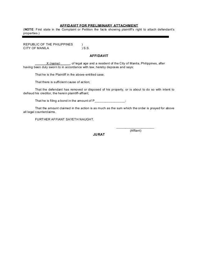 Affidavit for preliminary attachment