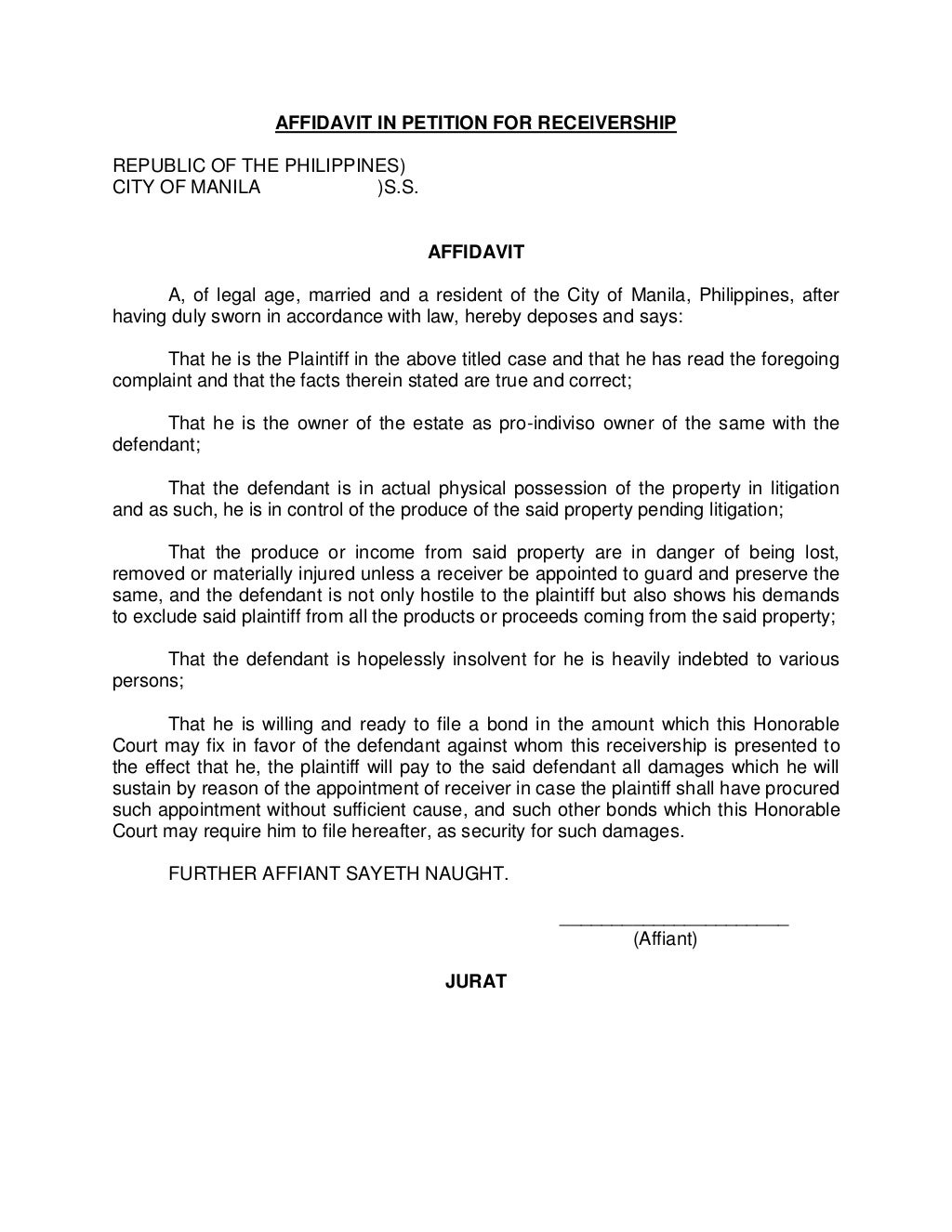 Affidavit in petition for receivership