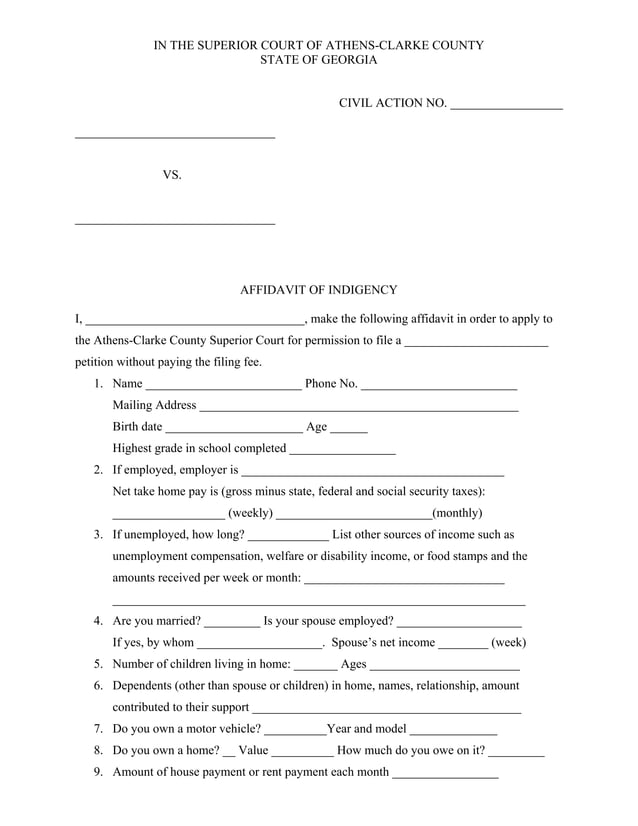Affidavit of indigency with sample paupers affidavit clarke county | PDF