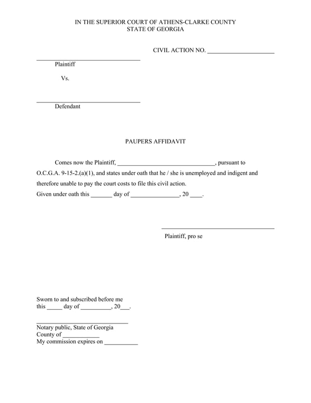 Indigency Form Example Affidavit Of Indigency With Sample Paupers Affidavit Clarke County ...