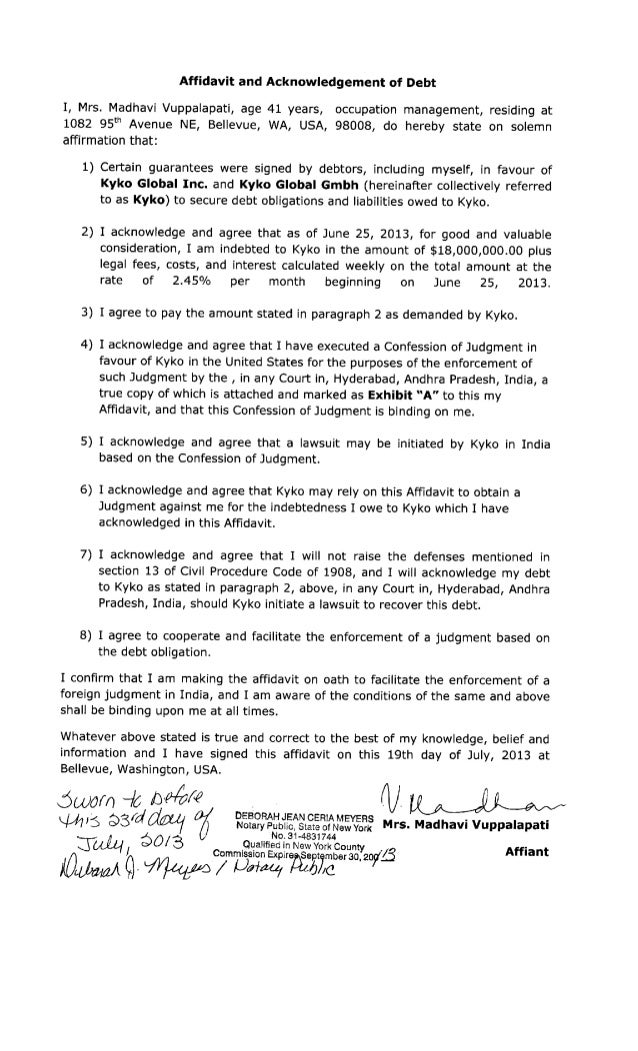 affidavit and acknowledgement of debt by mrs madhavi vuppalapati tow acknowledgement of debt form