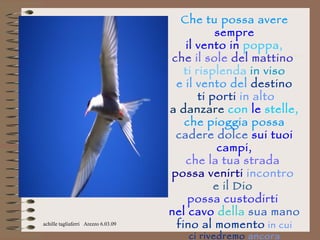Che tu possa avere
                                                sempre
                                        il vento in poppa,
                                     che il sole del mattino
                                        ti risplenda in viso
                                      e il vento del destino
                                            ti porti in alto
                                     a danzare con le stelle,
                                        che pioggia possa
                                      cadere dolce sui tuoi
                                                 campi,
                                        che la tua strada
                                     possa venirti incontro
                                                e il Dio
                                         possa custodirti
                                     nel cavo della sua mano
achille tagliaferri Arezzo 6.03.09    fino al momento in cui
                                        ci rivedremo ancora
 