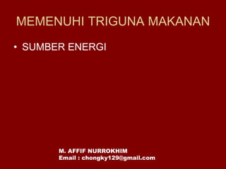MEMENUHI TRIGUNA MAKANAN
• SUMBER ENERGI
M. AFFIF NURROKHIM
Email : chongky129@gmail.com
 