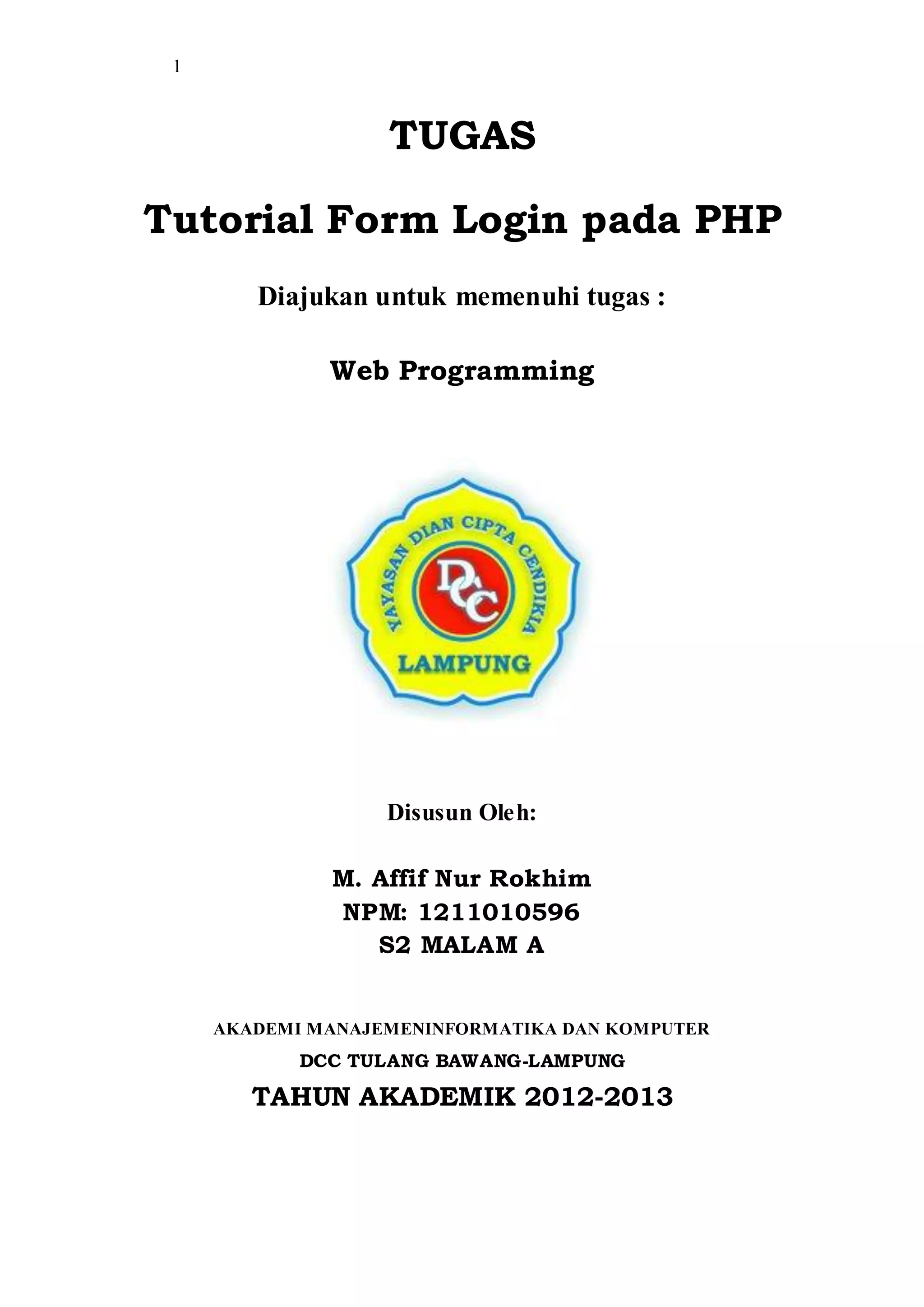 Affif cara membuat form login pada php | PDF